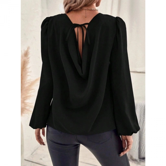 Kadın Uzun Kollu Yuvarlak Yaka Arkadan Bağcıklı Salaş Ithal Krep Bluz