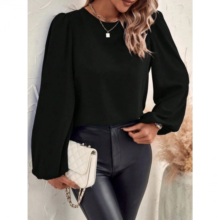 Kadın Uzun Kollu Yuvarlak Yaka Arkadan Bağcıklı Salaş Ithal Krep Bluz