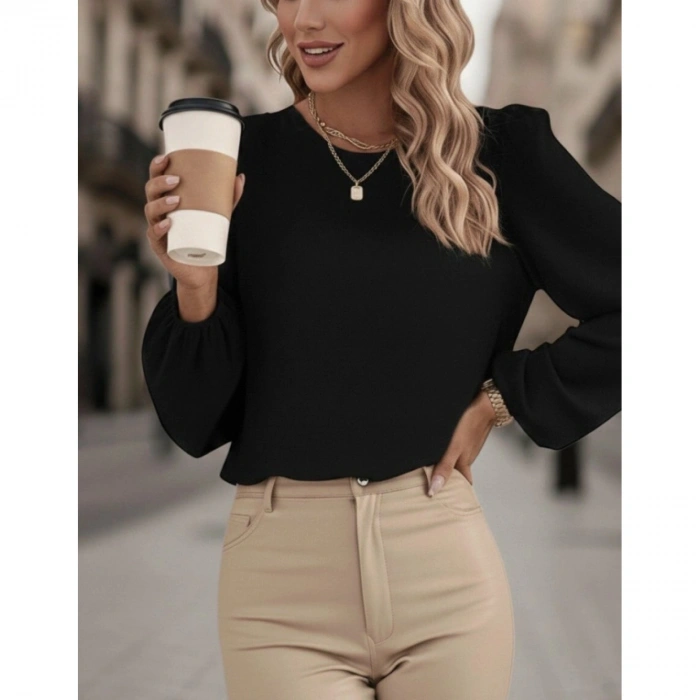 Kadın Uzun Kollu Yuvarlak Yaka Arkadan Bağcıklı Salaş Ithal Krep Bluz