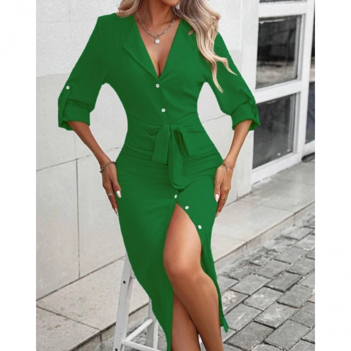 Kadın Uzun Kollu önden Düğmeli Beli Kuşaklı Aerobin Midi Elbise