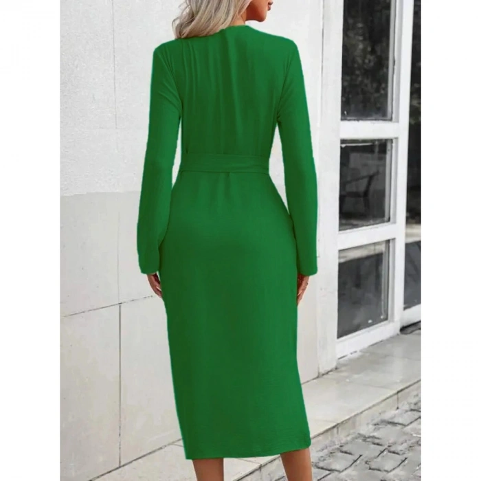 Kadın Uzun Kollu önden Düğmeli Beli Kuşaklı Aerobin Midi Elbise