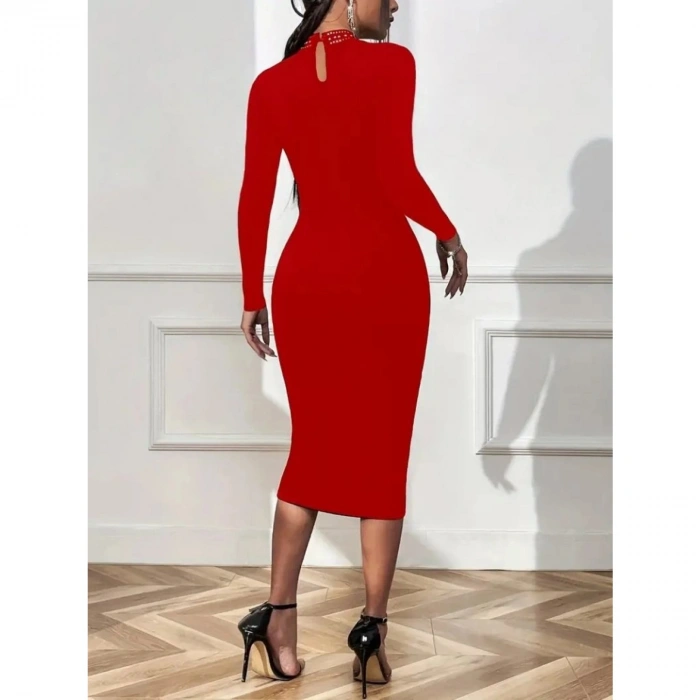 Kadın Uzun Kollu Balıkçı Yaka Taşlı Damla Detay Midi Ithal Krep Elbise