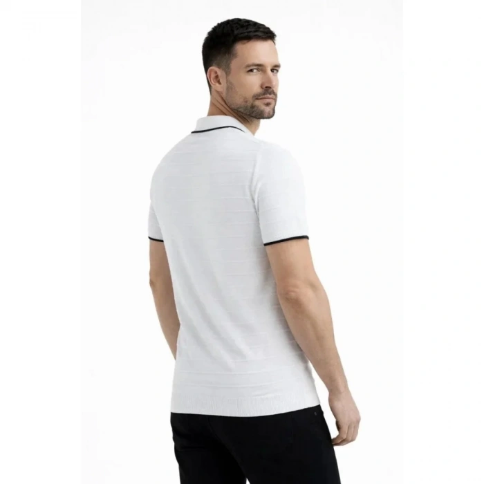 Erkek Triko Kumaş Yakalı Düğmesiz Açık Yaka Fitilli Kısa Kollu Regular Fit Tişört T-shirt - Beyaz