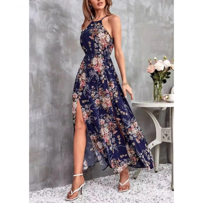 Kadın Açık Omuz Halter Yaka Beli Lastikli Büzgü Detay önden Yırtmaçlı çiçek Desenli Süprem Elbise