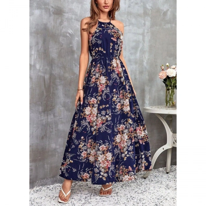 Kadın Açık Omuz Halter Yaka Beli Lastikli Büzgü Detay önden Yırtmaçlı çiçek Desenli Süprem Elbise
