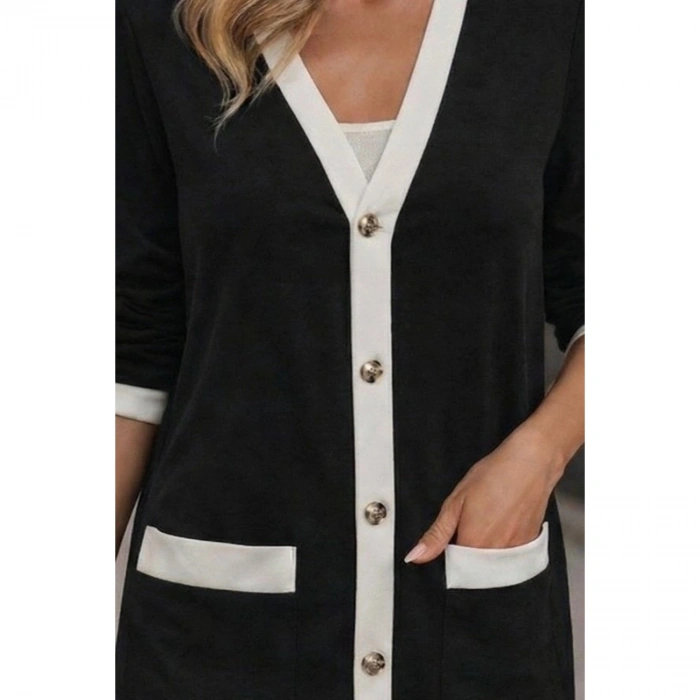 Kadın Uzun Kollu Cepli önden Düğmeli Uzun Modal Ceket Hırka