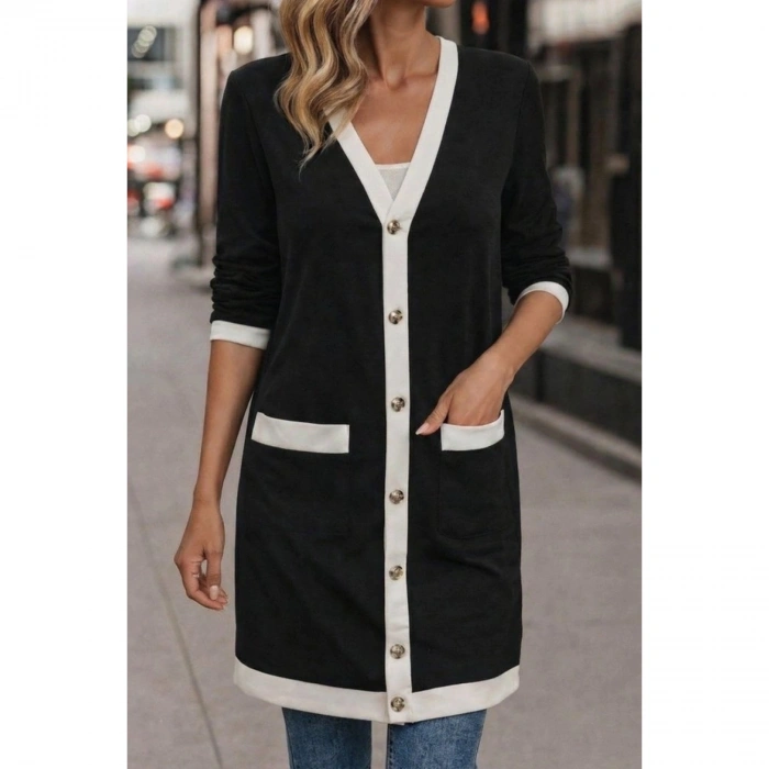 Kadın Uzun Kollu Cepli önden Düğmeli Uzun Modal Ceket Hırka