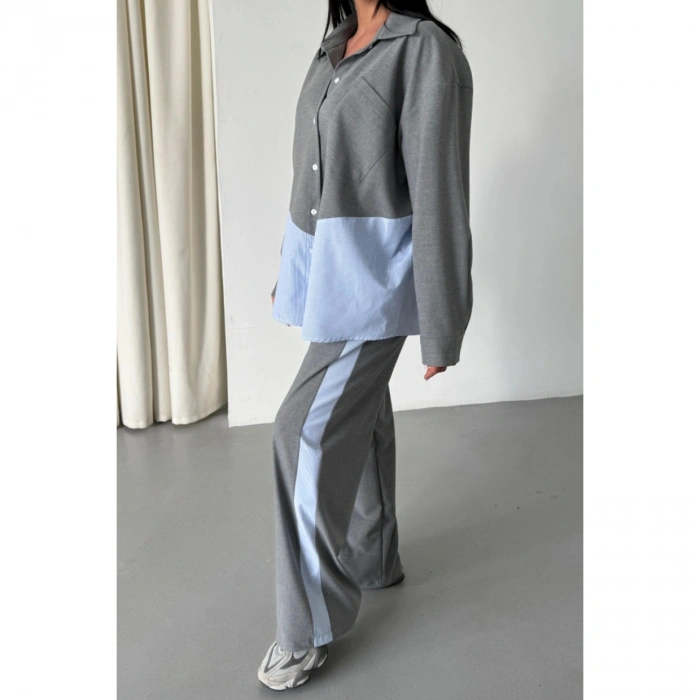 POLYVİSKON - POPLİN PARÇALI GÖMLEK PANTOLON TAKIM - Gri