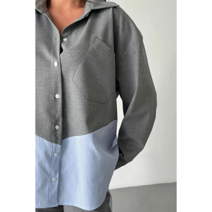 POLYVİSKON - POPLİN PARÇALI GÖMLEK PANTOLON TAKIM - Gri