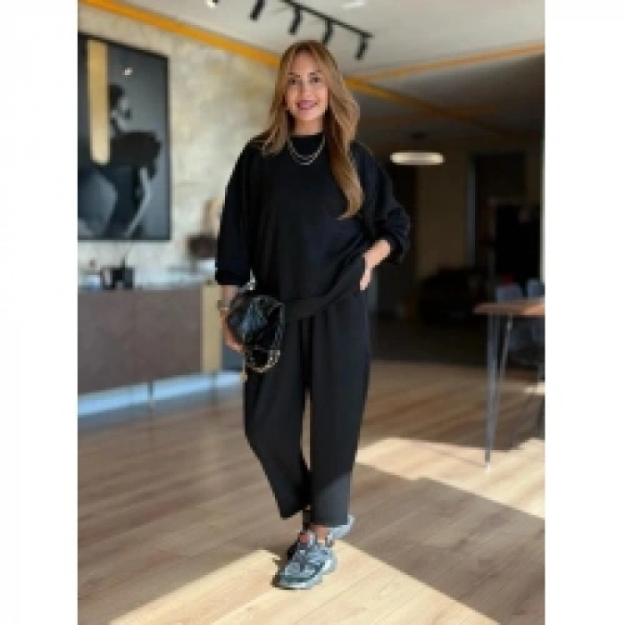 Kadın Uzun Kollu Bisiklet Yaka Viskon Iki Iplik Bluz Ve Pantolon Ikili Takım