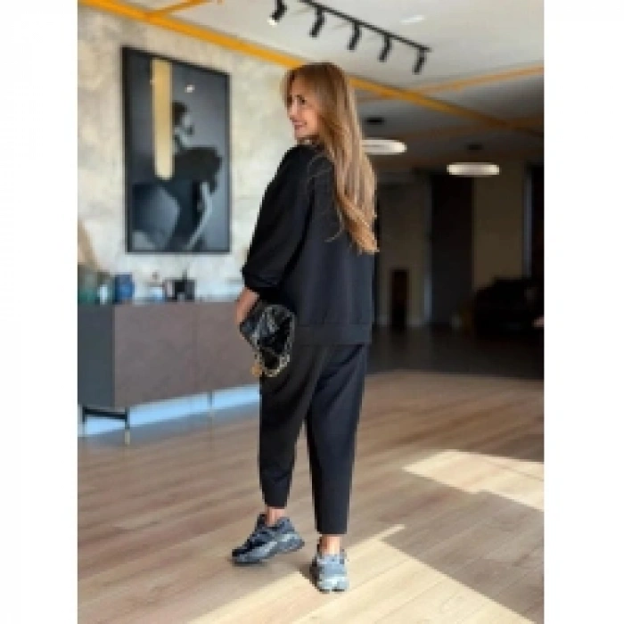 Kadın Uzun Kollu Bisiklet Yaka Viskon Iki Iplik Bluz Ve Pantolon Ikili Takım