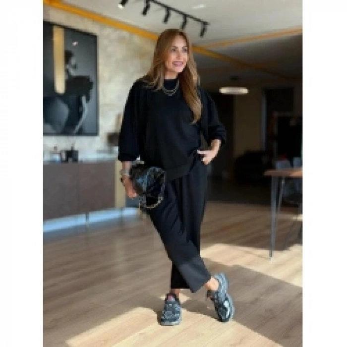 Kadın Uzun Kollu Bisiklet Yaka Viskon Iki Iplik Bluz Ve Pantolon Ikili Takım