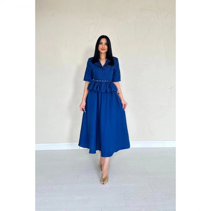 Bej İnce Kemerli Fırfırlı Ceket Ve Büzgülü Etek Takım