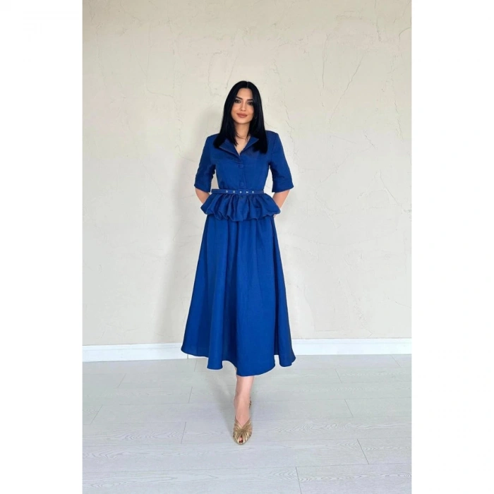 Bej İnce Kemerli Fırfırlı Ceket Ve Büzgülü Etek Takım