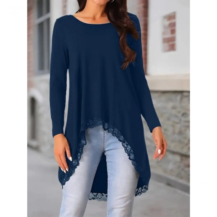 Kadın Uzun Kollu Bisiklet Yaka Asimetrik Kesim Detaylı Dantelli Viskon Bluz