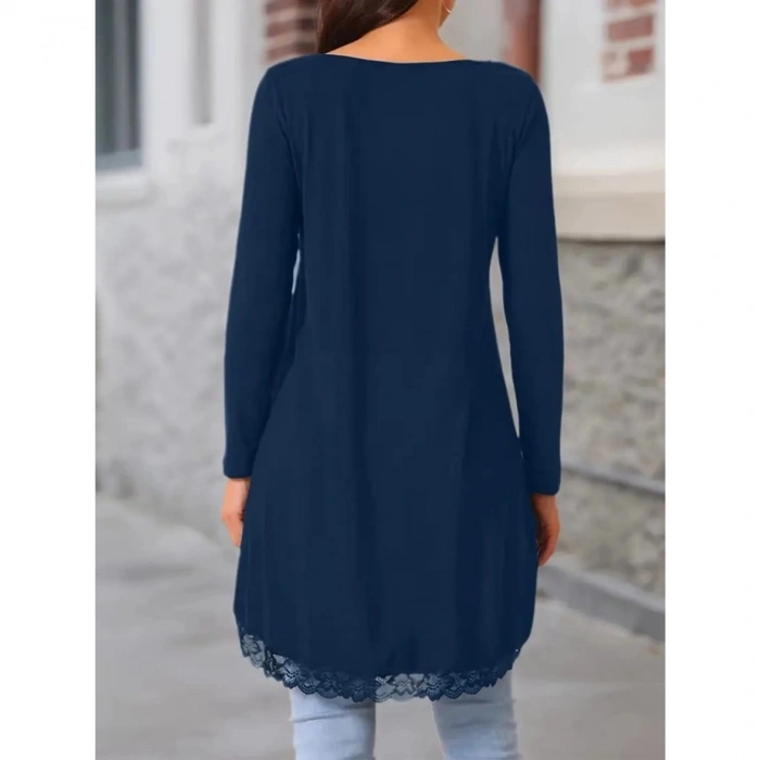 Kadın Uzun Kollu Bisiklet Yaka Asimetrik Kesim Detaylı Dantelli Viskon Bluz