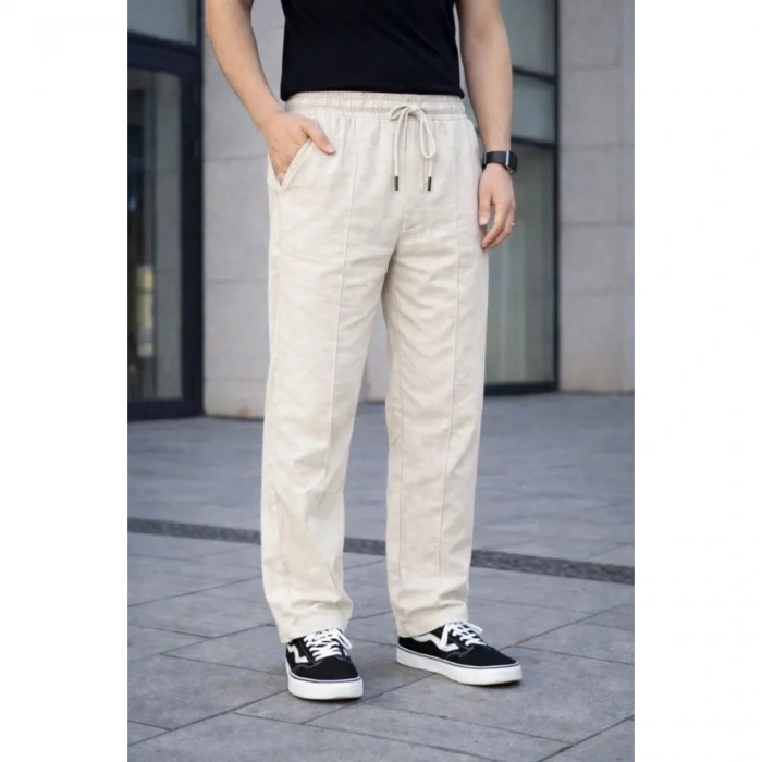 Erkek Keten Cepli Çıma Dikişli Jogger Buggy Pantalon Rahat Kalıp - Krem