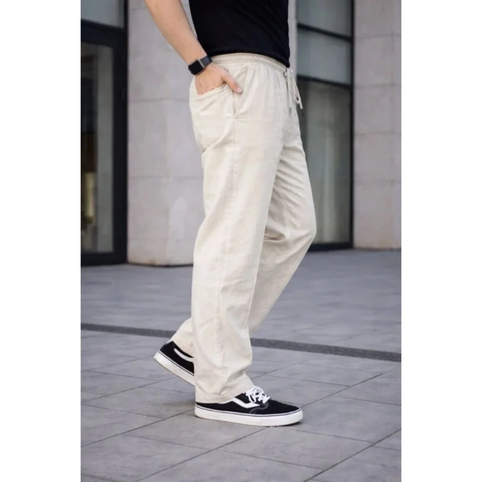 Erkek Keten Cepli Çıma Dikişli Jogger Buggy Pantalon Rahat Kalıp - Krem