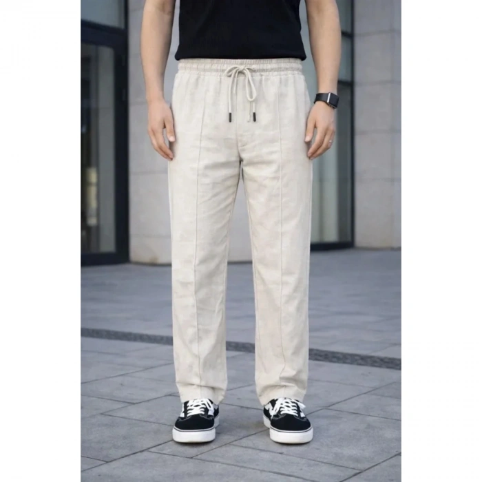 Erkek Keten Cepli Çıma Dikişli Jogger Buggy Pantalon Rahat Kalıp - Krem