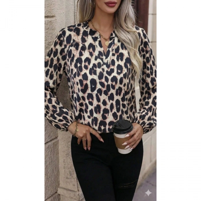 Kadın Uzun Kollu V Hakim Yakalı Leopar Desenli Süprem Bluz