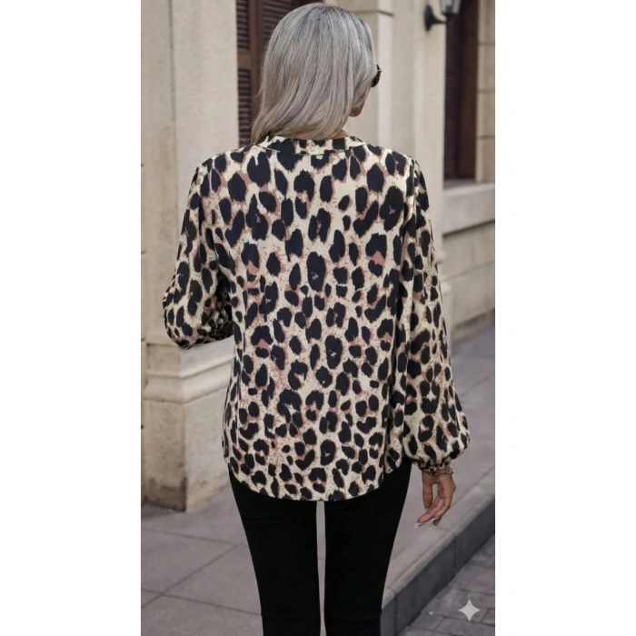 Kadın Uzun Kollu V Hakim Yakalı Leopar Desenli Süprem Bluz