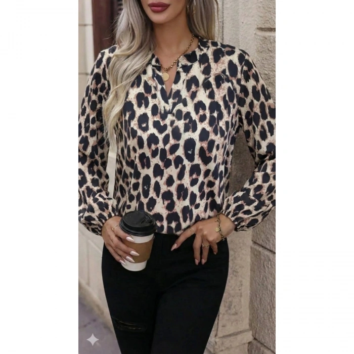 Kadın Uzun Kollu V Hakim Yakalı Leopar Desenli Süprem Bluz