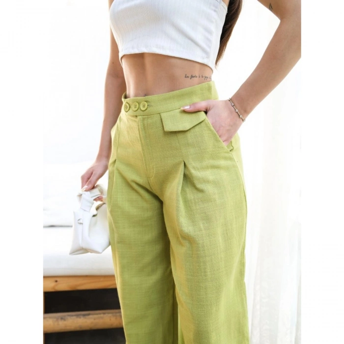 Keten Düğme Detayli Dökümlü Palazzo Pantolon