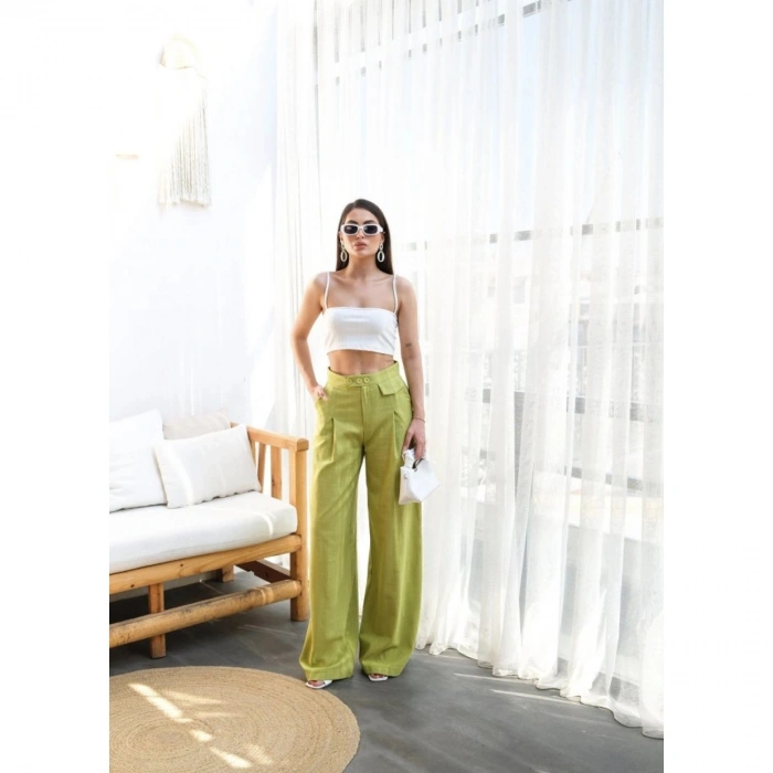 Keten Düğme Detayli Dökümlü Palazzo Pantolon