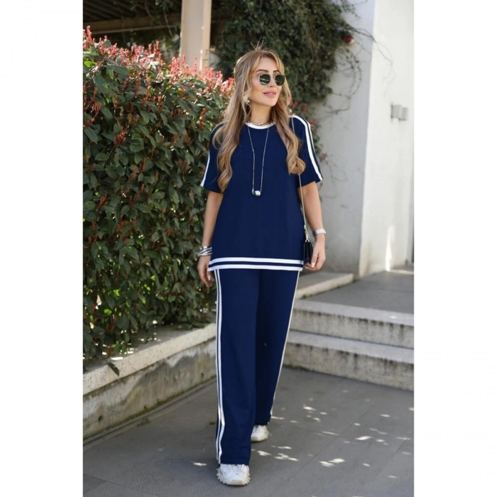Kadın Kısa Kollu Bisiklet Yaka çift Renk şerit Detaylı Viskon Iki Iplik Bluz Ve Pantolon Ikili Takım