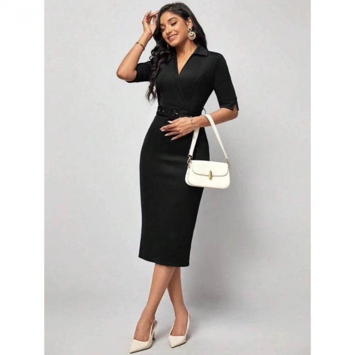 Kadın Kısa Kollu Yakalı Kruvaze Yakalı Beli Kemerli Midi Modal Elbise