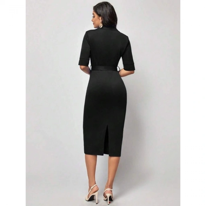 Kadın Kısa Kollu Yakalı Kruvaze Yakalı Beli Kemerli Midi Modal Elbise