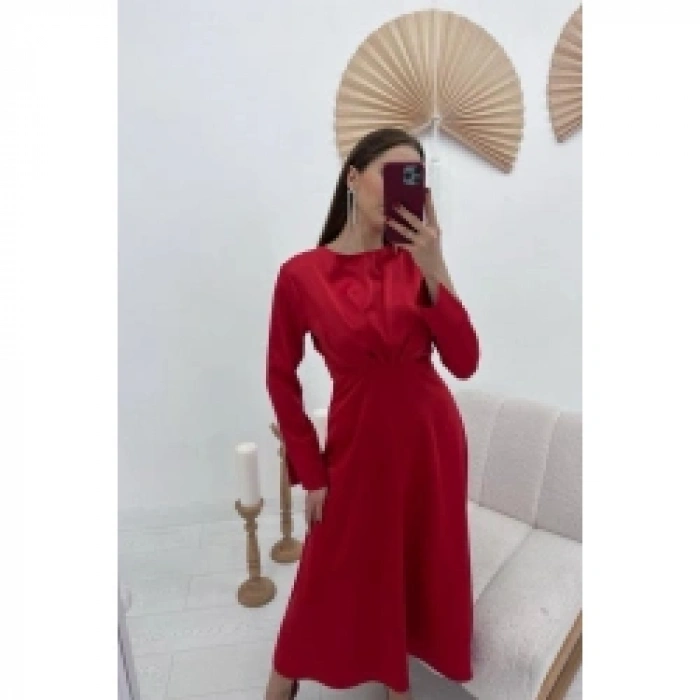Kırmızı Saten Uzun Elbise