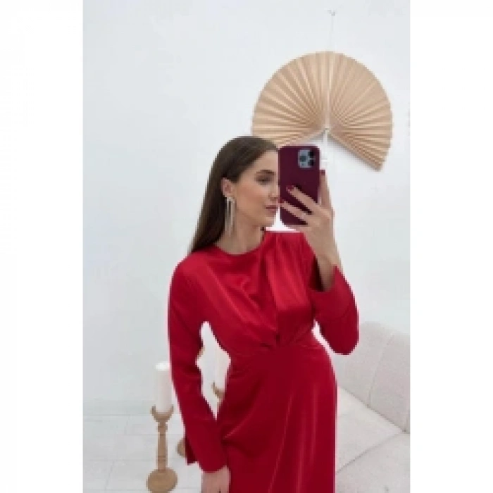 Kırmızı Saten Uzun Elbise