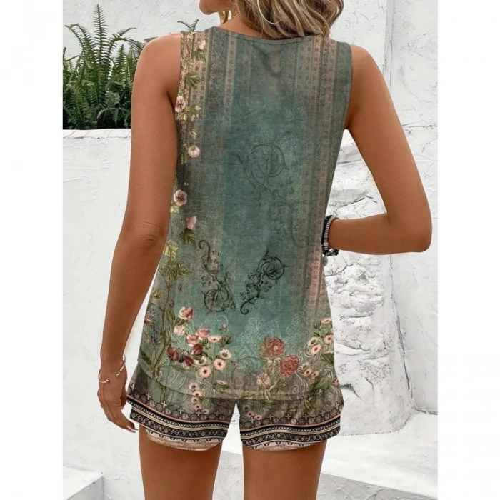 Kadın Askılı Yuvarlak Yaka çiçek Baskılı Süprme Bluz Ve Short Ikili Takım