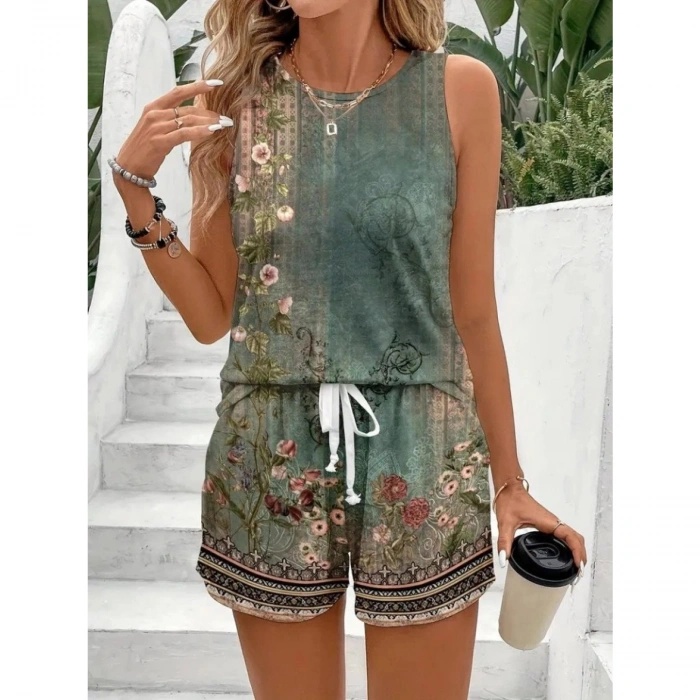 Kadın Askılı Yuvarlak Yaka çiçek Baskılı Süprme Bluz Ve Short Ikili Takım