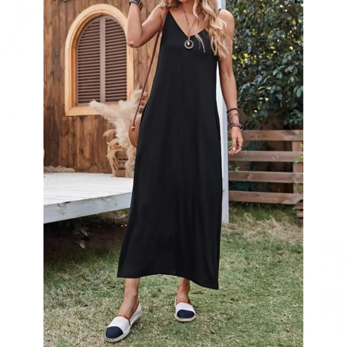 Kadın Ip Askılı Derin Geniş V Yakalı Uzun Viskon Elbise