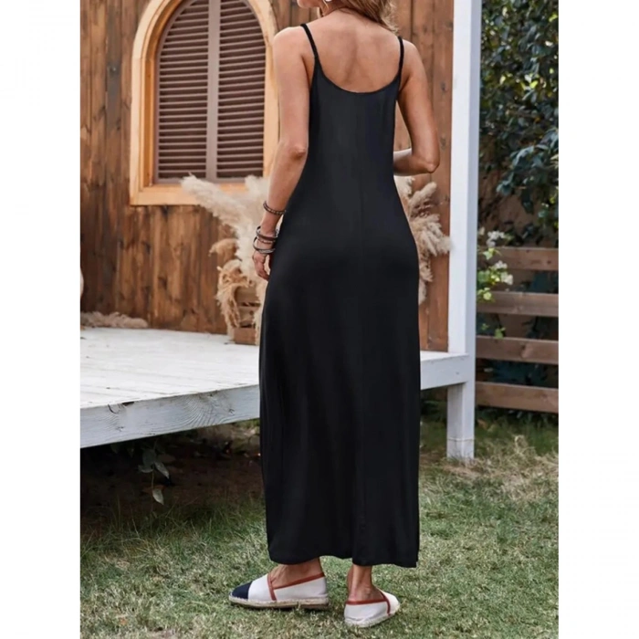 Kadın Ip Askılı Derin Geniş V Yakalı Uzun Viskon Elbise