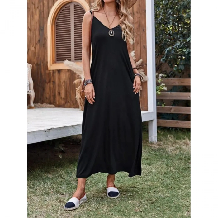 Kadın Ip Askılı Derin Geniş V Yakalı Uzun Viskon Elbise