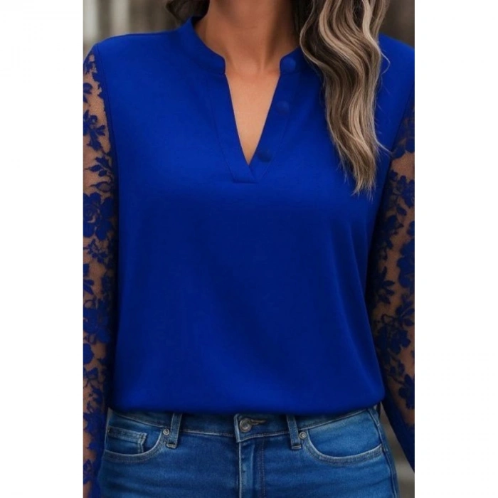 Kadın Uzun Kollu Yaka Düğme Detay Güpürlü Kol Krep Bluz