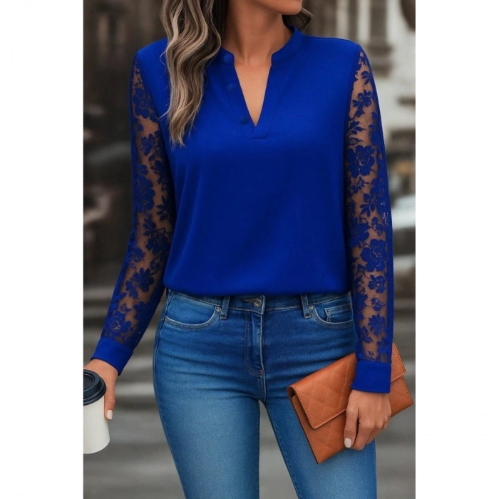 Kadın Uzun Kollu Yaka Düğme Detay Güpürlü Kol Krep Bluz