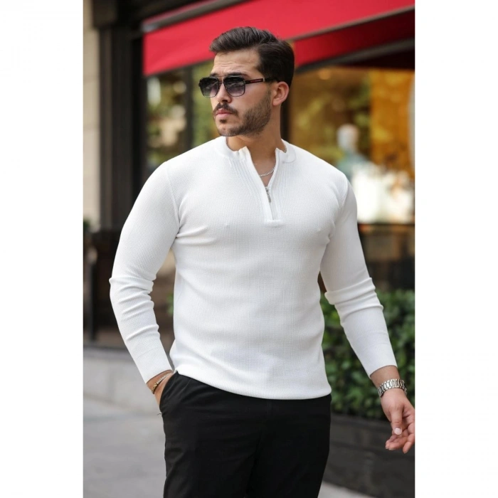 Erkek Fermuarlı Bisiklet Yaka Dokulu Uzun Kollu Triko