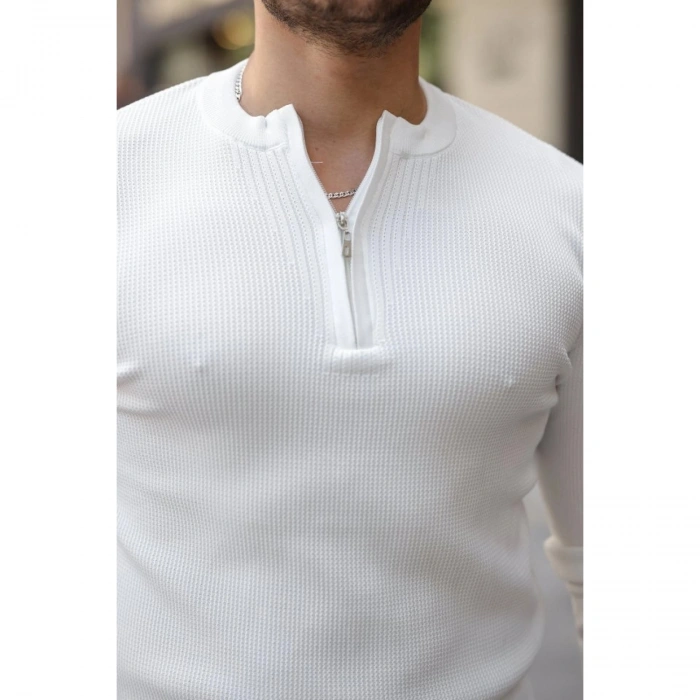 Erkek Fermuarlı Bisiklet Yaka Dokulu Uzun Kollu Triko