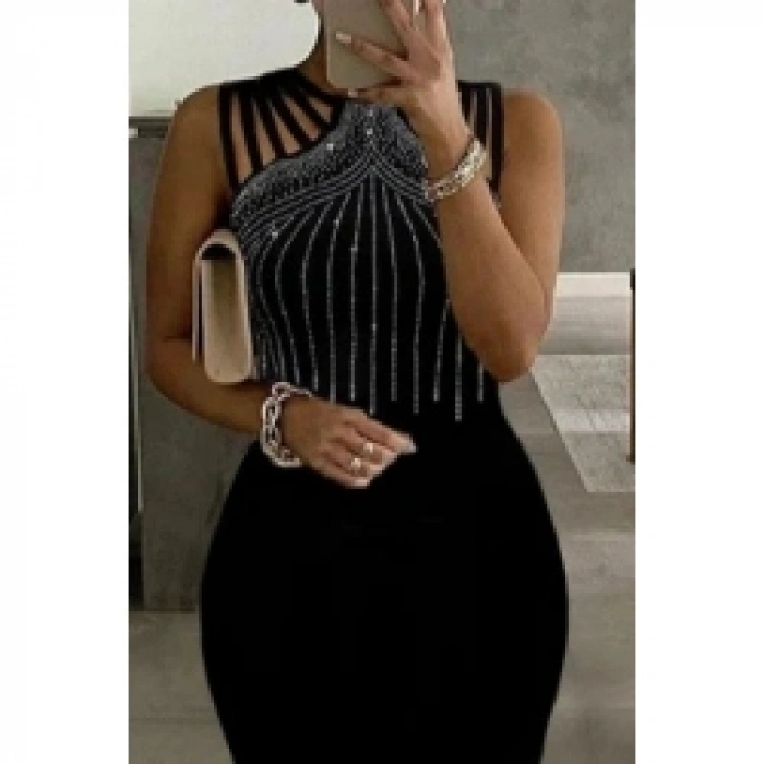 Kadın Omuz çoklu Askılı önü Taş Işlemeli Balık Kesim Janjan Krep Maxi Boy Elbise