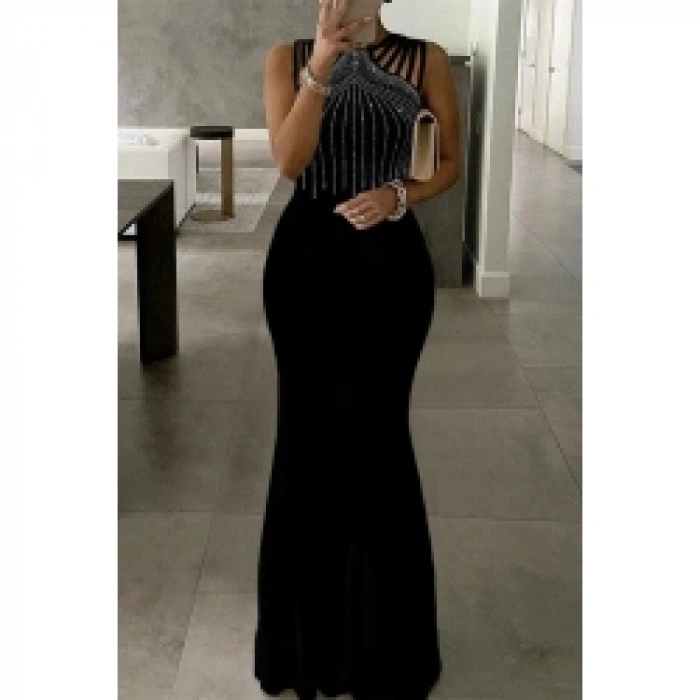 Kadın Omuz çoklu Askılı önü Taş Işlemeli Balık Kesim Janjan Krep Maxi Boy Elbise