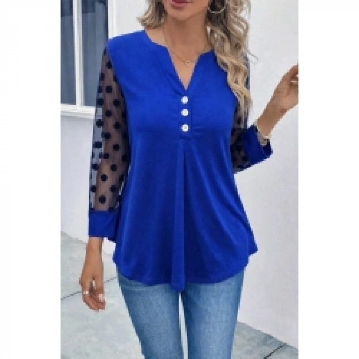 Kadın Uzun Kollu Yakadan Düğmeli Kolları Tül Detaylı Viskon Bluz