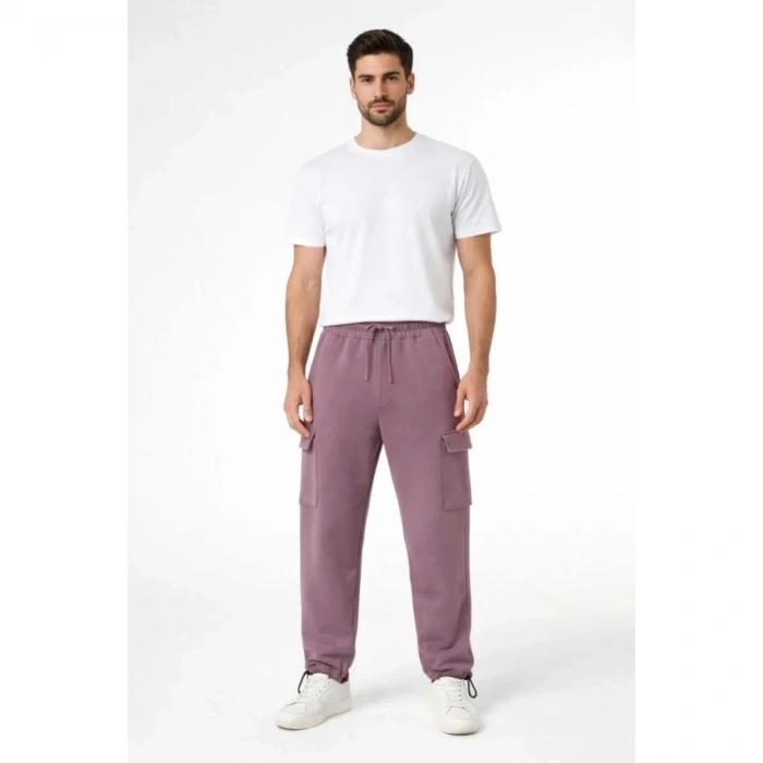 Erkek Baggy Üç İplik Kargo Cepli Eşofman Ayarlanabilir Paça Beli İpli Pantolon - Gül Kurusu