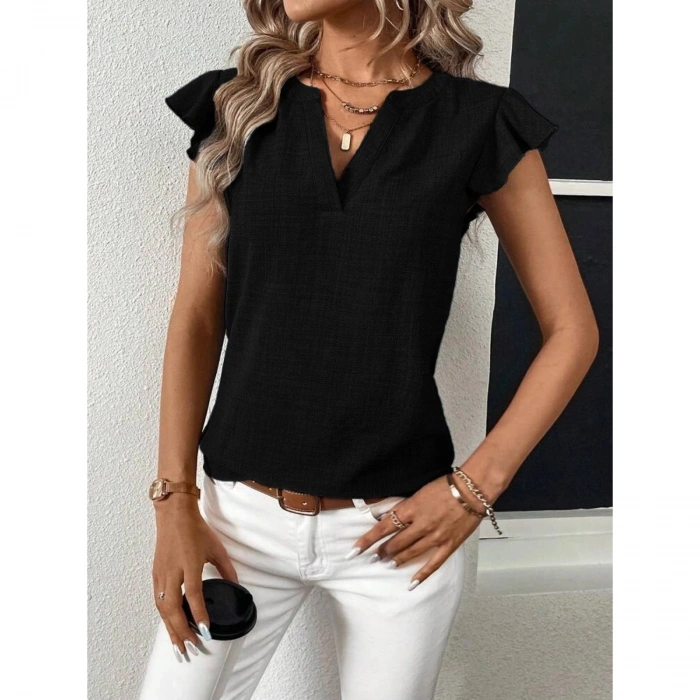 Kadın Kısa Kelebek Kollu V Yakalı Bluz