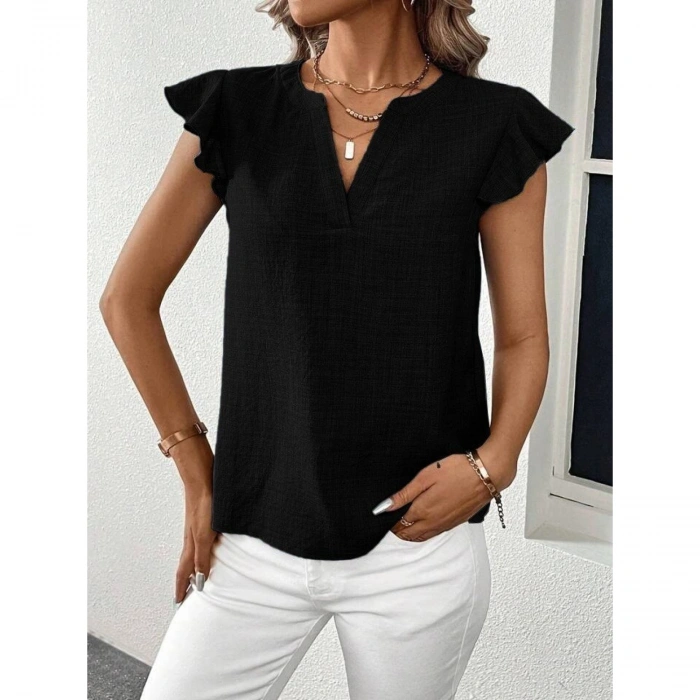Kadın Kısa Kelebek Kollu V Yakalı Bluz
