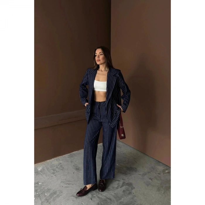 Lacivert Çizgili Ceket Ve Pantolon Takım