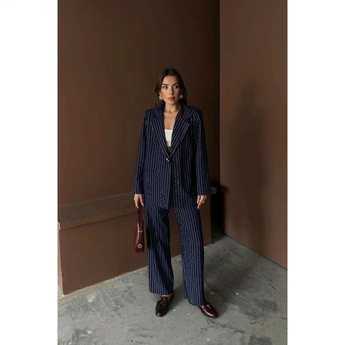 Lacivert Çizgili Ceket Ve Pantolon Takım